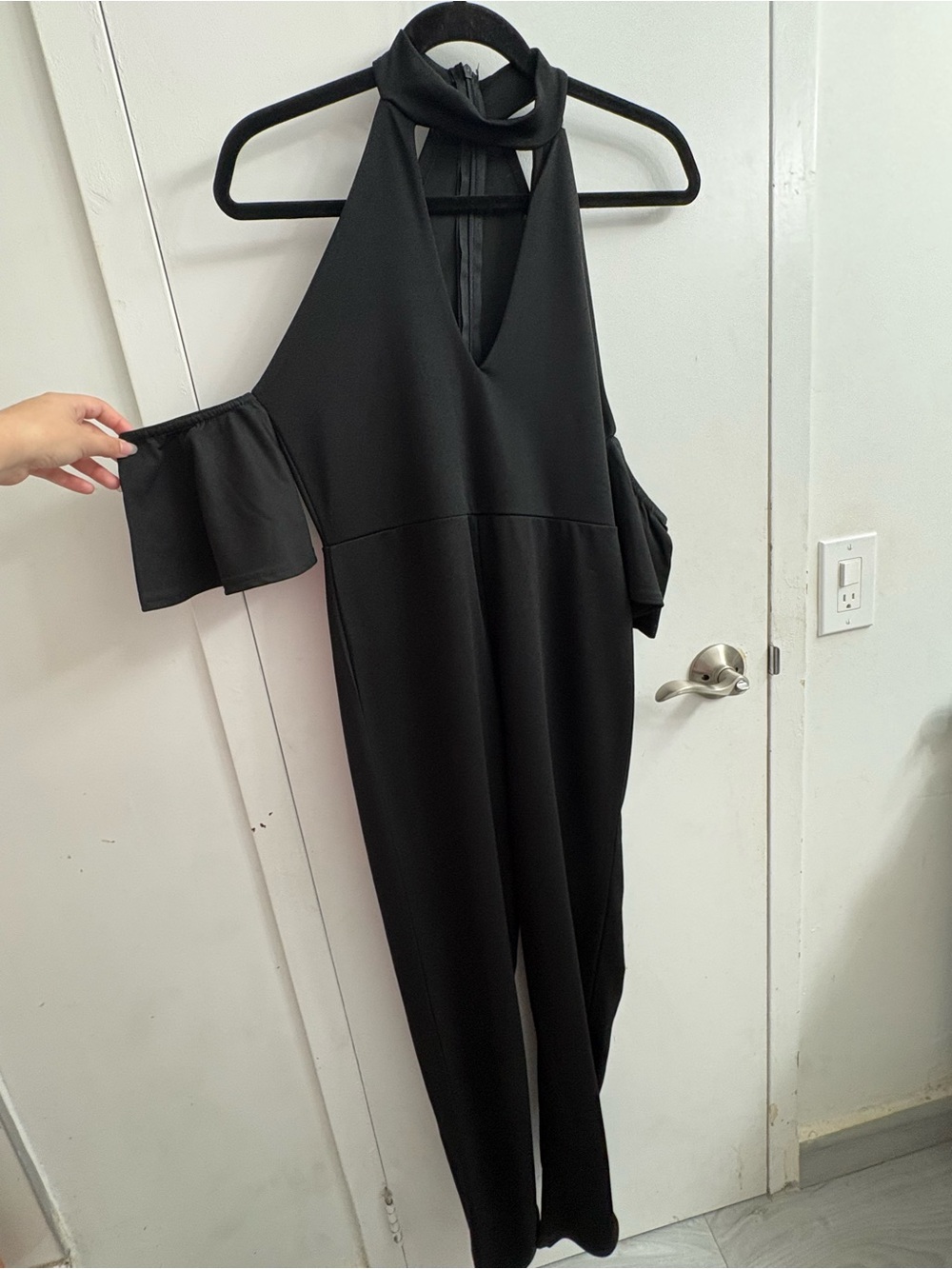 Boohoo Black Halter Cold-Shoulder Jumpsuit with Ruffle Sleeves